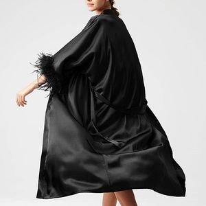 PRODESIGN Satin Kimono Robe Long Robe with Ostrich Feather Trim Pockets OS